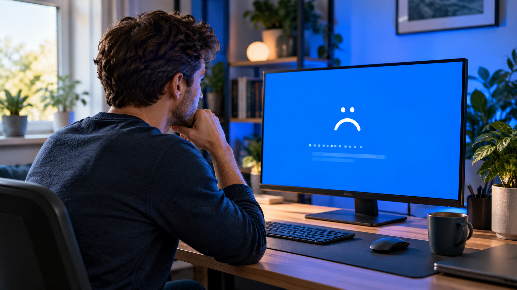 Een gebruiker bekijkt een blauw scherm met een foutmelding op een desktopcomputer.