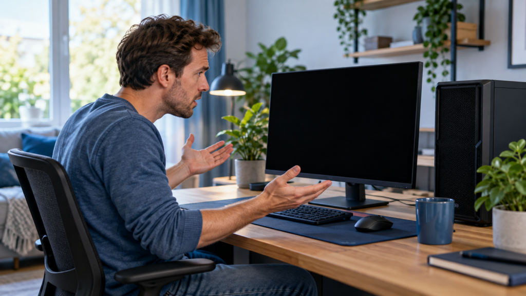 Gebruiker kijkt verbaasd naar een desktopcomputer waarvan het scherm onverwacht zwart is geworden.